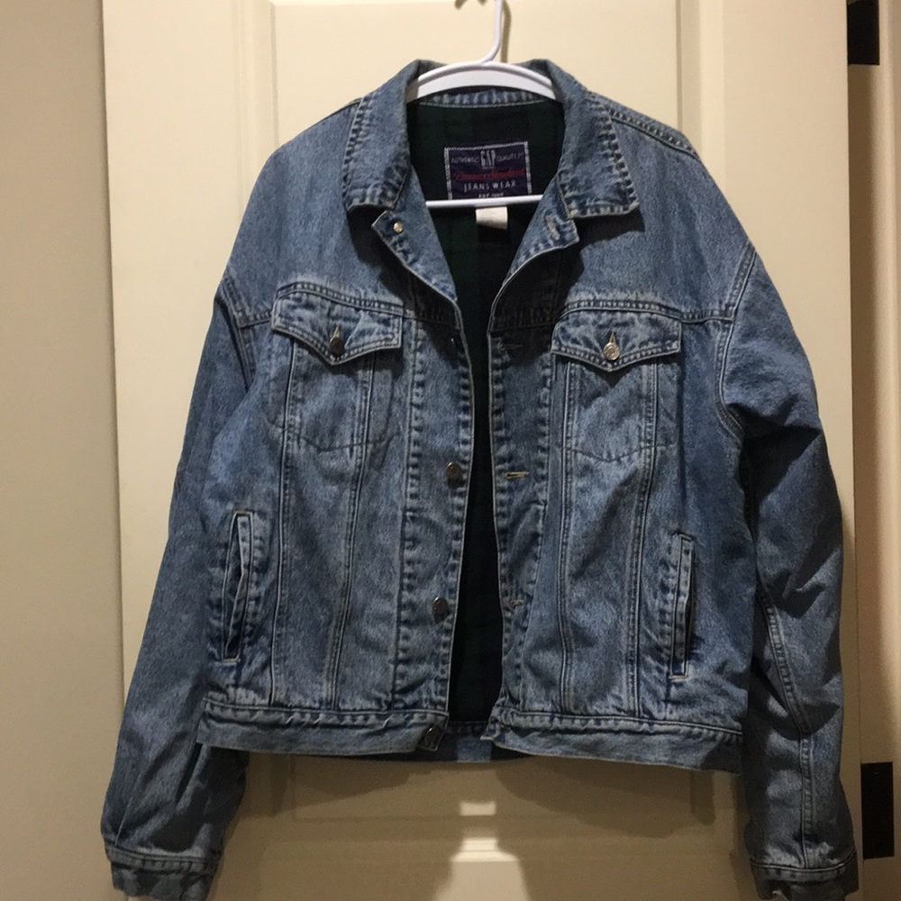 GAP mens Denim Jean jacket button down plaid fleece lined stonewashed size XL
